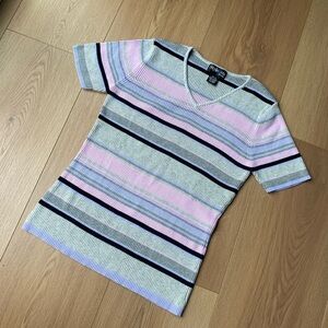 Style & Co. Petite Women’s Gray and Pink Striped V-Neck Top, Size M